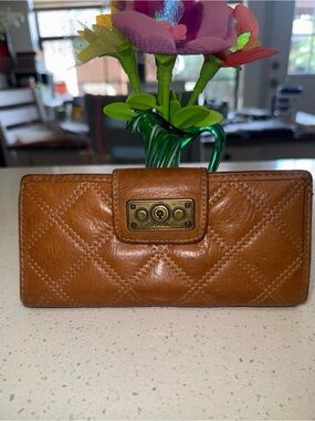 Fossil Quilted Brown Leather Turn-Lock Wallet Vtg